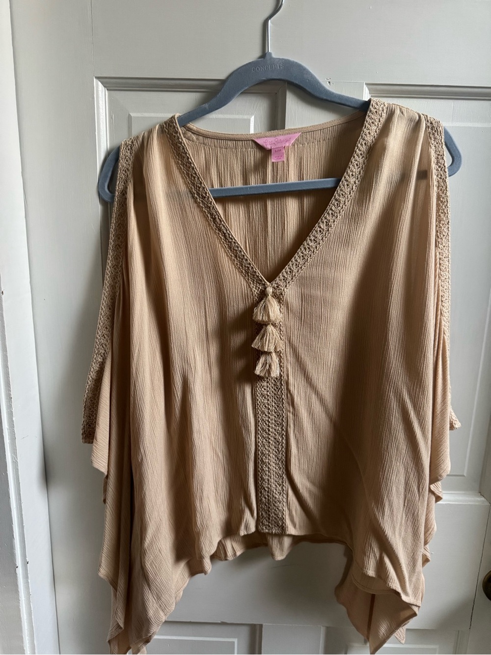 Lilly Pulitzer Tan V-Neck Tassel Crochet Tunic